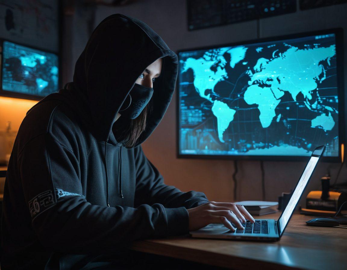 A shadowy figure sitting at a laptop in a dimly lit room, with a hooded sweatshirt obscuring their face. The screen glows softly, illuminating a hidden blog about stealth blogging with coded locks around it. A world map with pinpoints showing various locations symbolizes anonymity and reach. Mysterious elements like masks and encrypted symbols are scattered around. moody lighting. cyberpunk style. vibrant contrast.