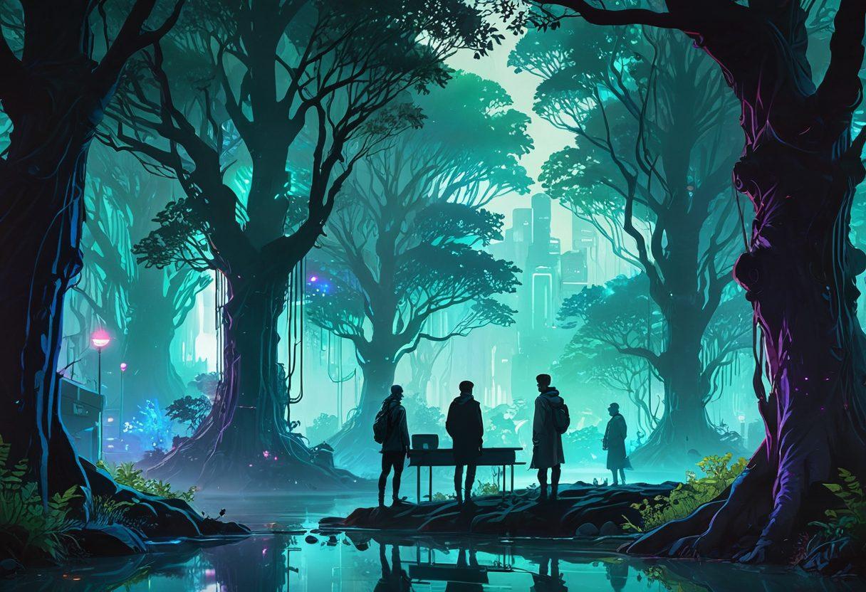 An inviting and serene digital landscape featuring a diverse group of people engaged in deep discussion, surrounded by stylized trees representing privacy. Ethereal cloaks of color gently envelop them, symbolizing a focus on anonymity, while bright, glowing connections emerge subtly between them. The background is a tranquil mix of cool blues and greens, creating a calming atmosphere that invites curiosity and engagement. Detailed with soft lighting and hints of abstract elements to signify digital interactions. vibrant colors. cyberpunk.