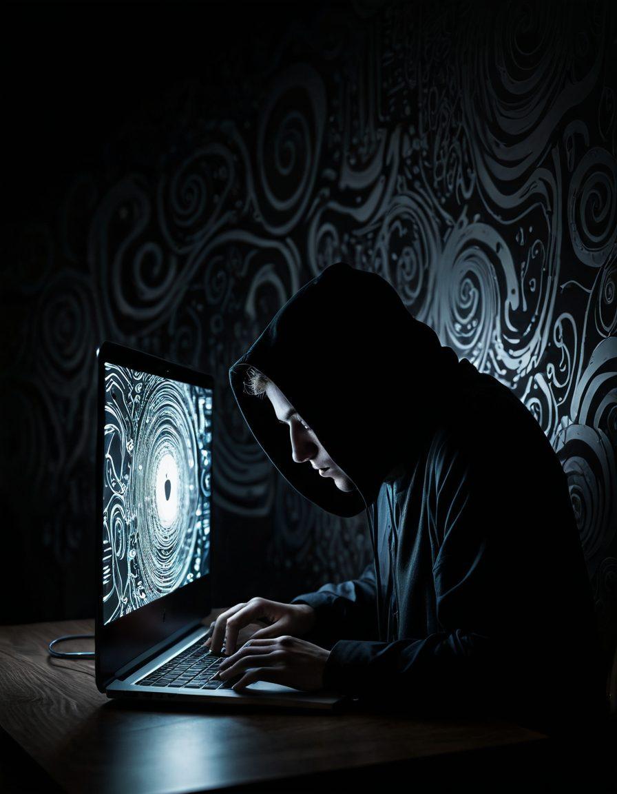 A mysterious figure typing on a laptop, surrounded by swirling shadows that represent anonymity. The background features abstract shapes symbolizing privacy and community, with dim lighting that evokes a sense of secrecy. Include elements like a digital lock and a quill pen to represent the art of blogging. The atmosphere should feel introspective and intriguing. super-realistic. dark tones. ethereal lighting.
